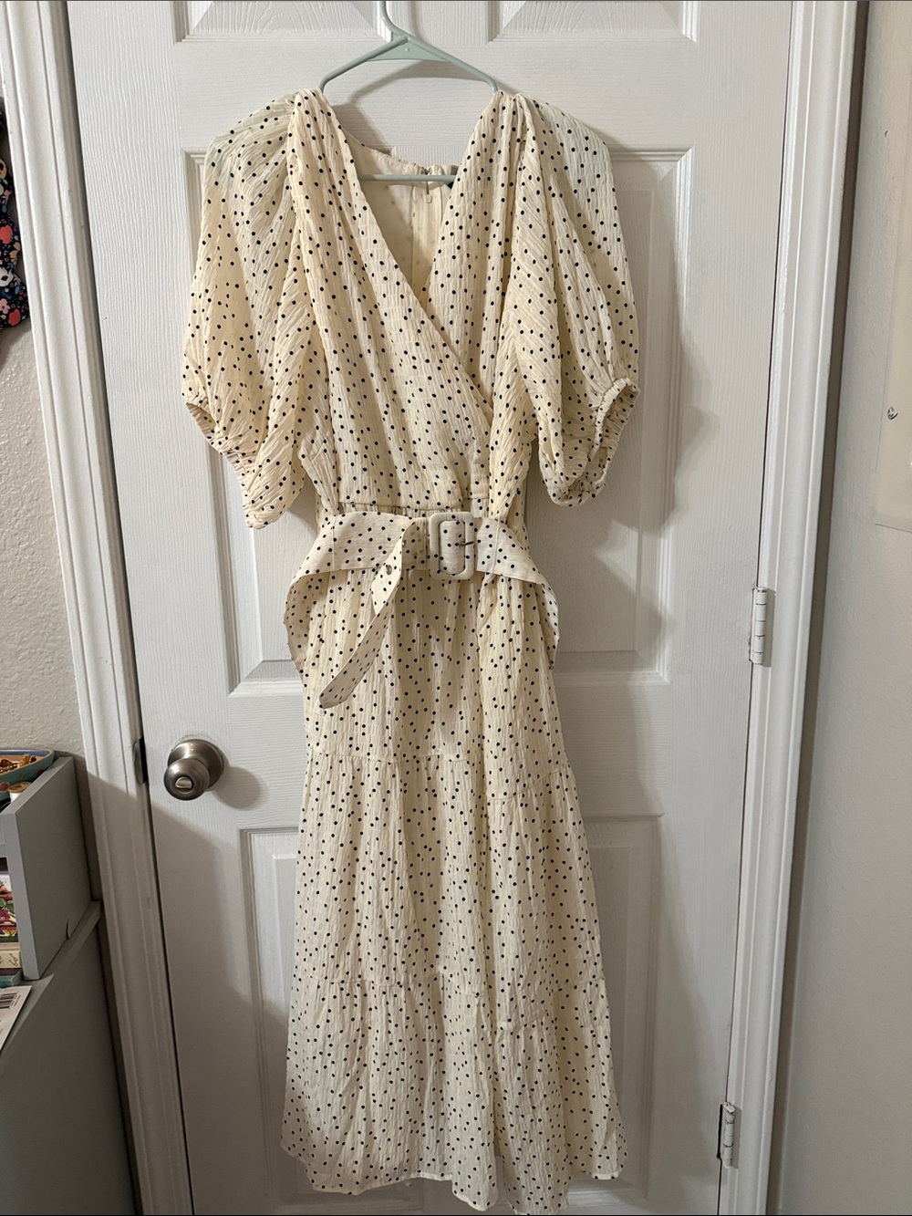 ModCloth Cream Polka Dot Wrap Midi Dress with Belt